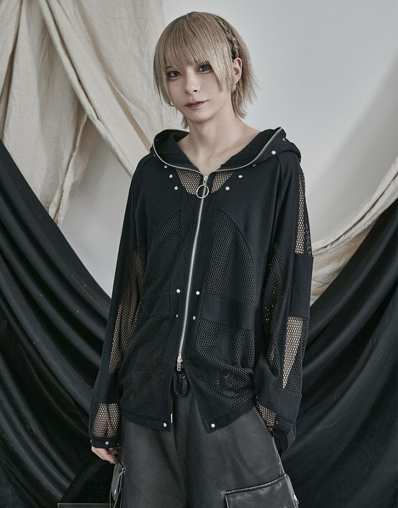 ililil メッシュパーカー ililil【イルイルイル】Chainmailリブ切り替えメッシュパーカー